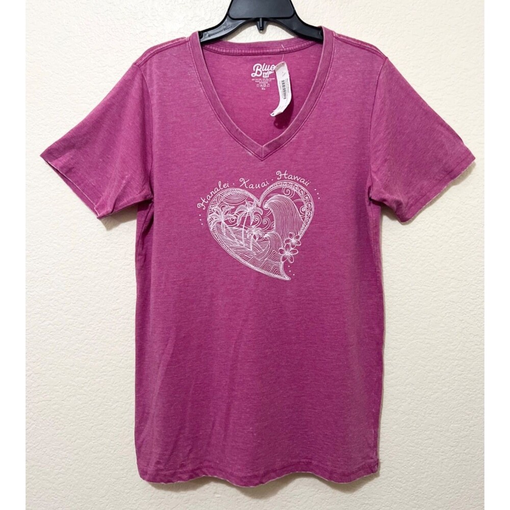 HANALEI KAUAI HAWAII Pink V-Neck Graphic Tee Shirt Wave Heart Womens Large NWT